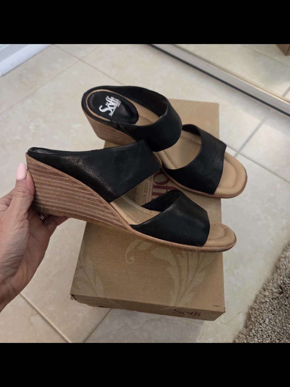 Sofft Black Leather Wedge Slide Sandals
